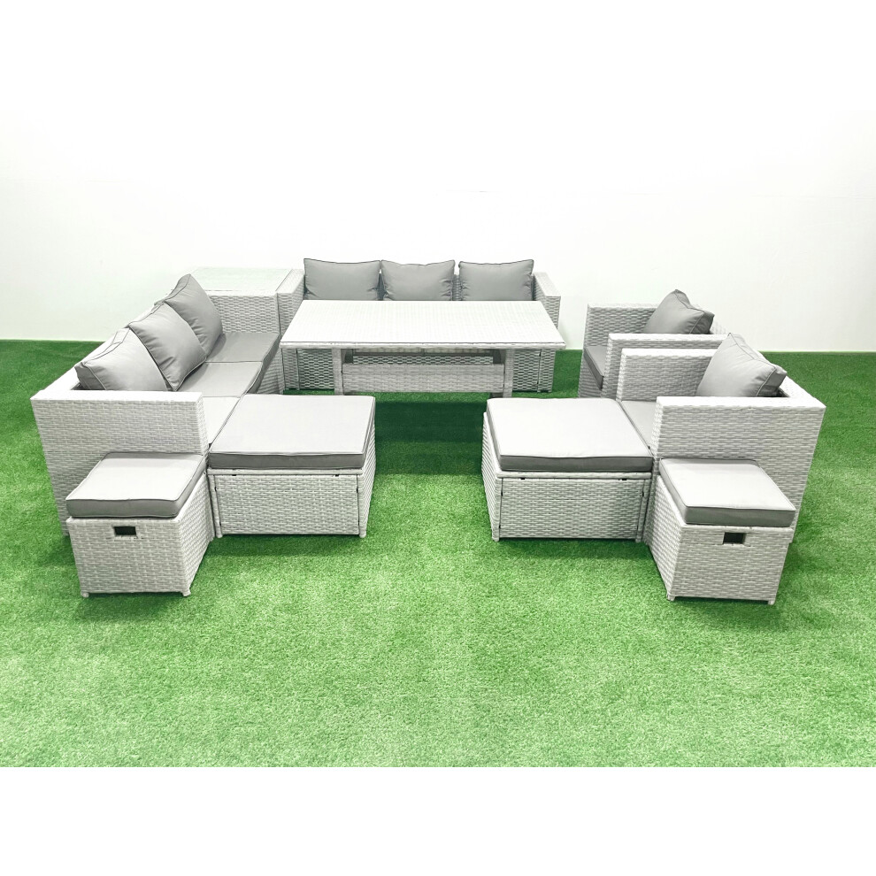 Fimous Rattan Garden Furniture Dining Set 12 Seater Lounge Sofa Chair Dining Table Set with 4 Footstools Side Table Light Grey Mixed