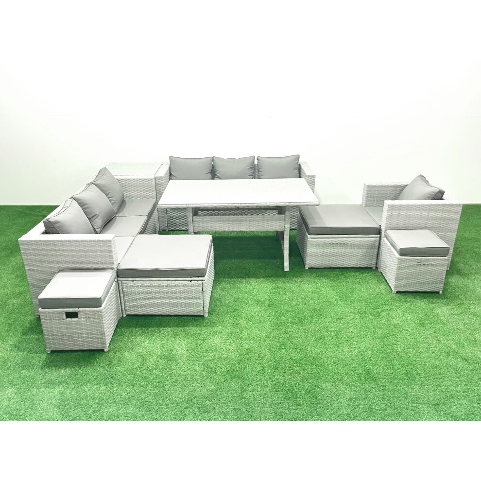 Fimous Rattan Garden Furniture Dining Set 11 Seater Lounge Sofa Chair Dining Table Set with 4 Footstools Side Table Light Grey Mixed