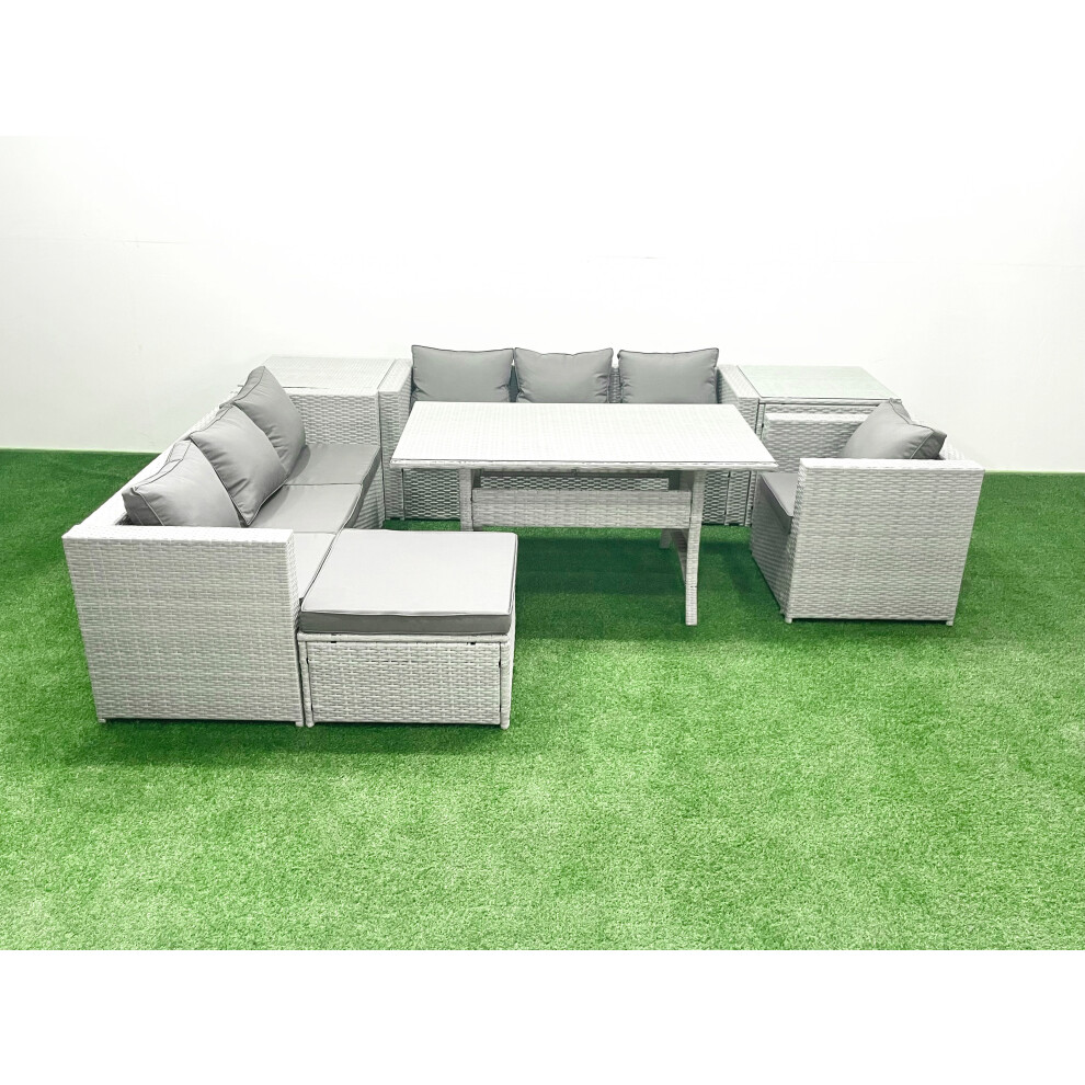 Fimous 7 Pieces Outdoor Rattan Sofa Set with Cushions Patio Garden Furniture Sets with Armchair Dining Table 2 Side Tables Big Footstool