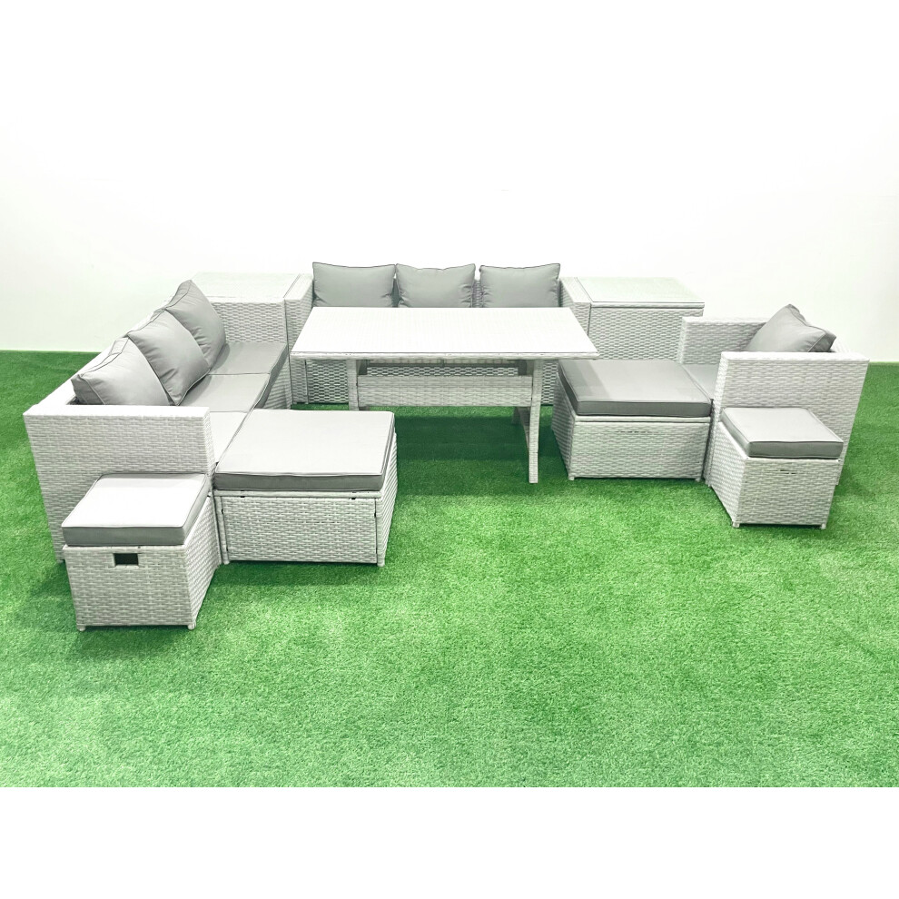 Fimous Rattan Garden Furniture Dining Set 11 Seater Lounge Sofa Chair Dining Table Set with 4 Footstools 2 Side Tables Light Grey Mixed