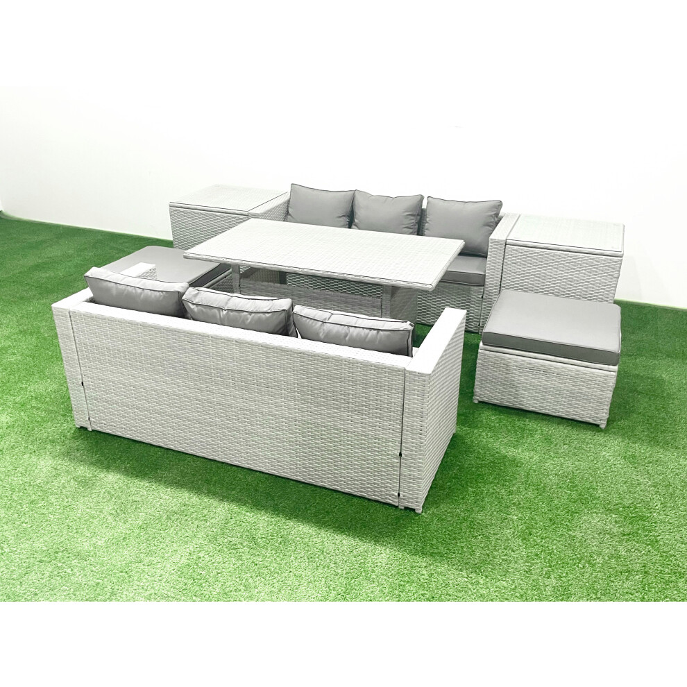 Fimous Rattan Garden Furniture Set 8 Seater Outdoor Sofa Set with Dining Table 2 Side Tables 2 Big Footstools Light Grey Mixed