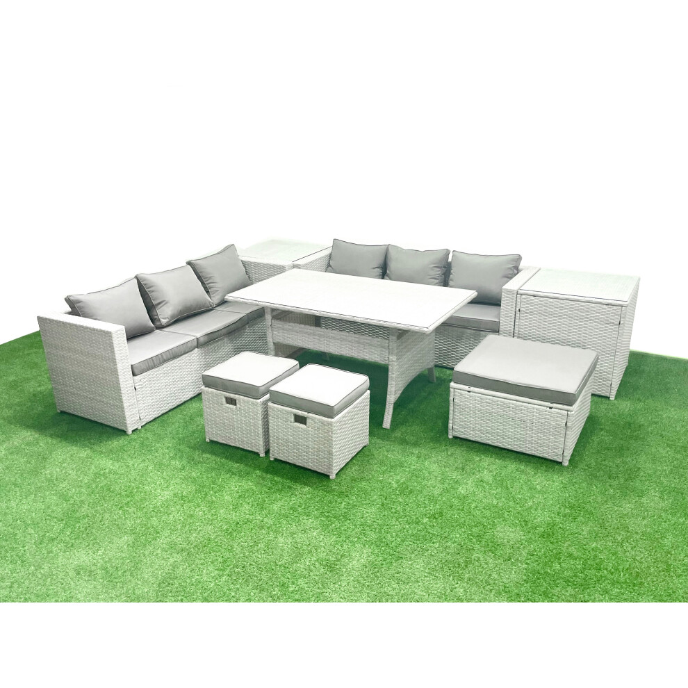 Fimous Rattan Garden Furniture Set 9 Seater Outdoor Sofa Set with Dining Table 2 Side Tables 3 Footstools Light Grey Mixed