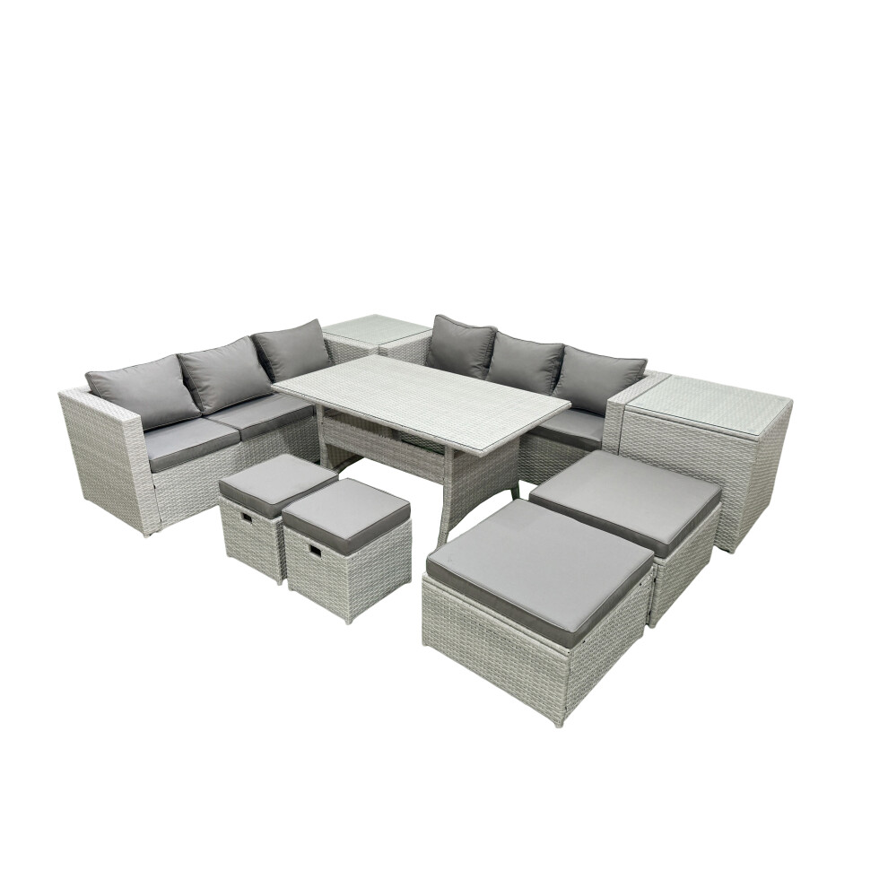 Fimous Rattan Garden Furniture Set Outdoor 10 Seater Patio Dining Sets with Glass Top Dining Table 2 Side Tables Light Grey Mixed