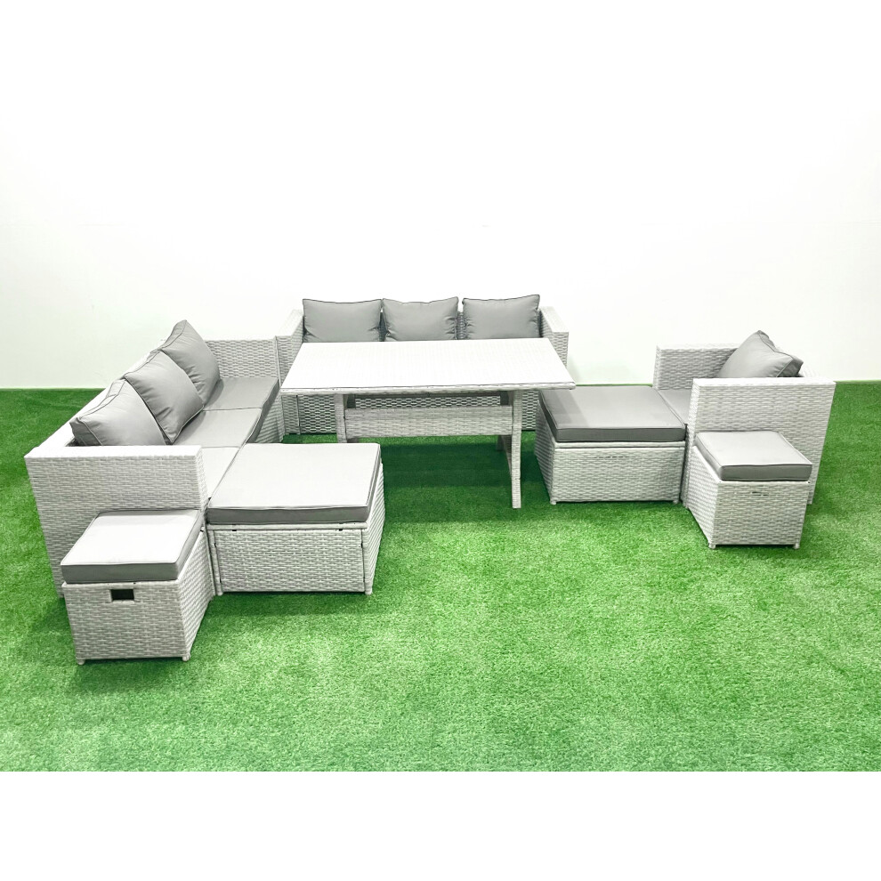 Fimous Rattan Garden Furniture Dining Set 11 Seater Lounge Sofa Chair Dining Table Set with 4 Footstools Light Grey Mixed