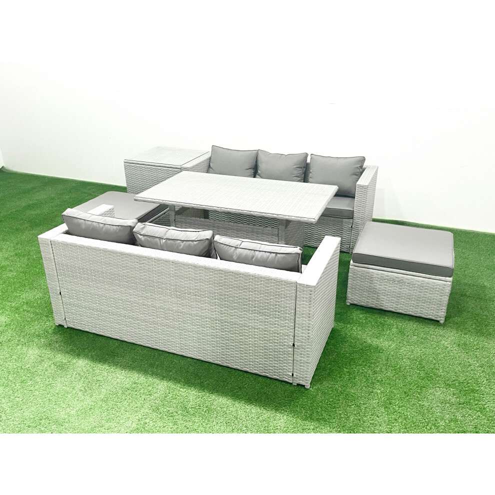 Fimous Rattan Garden Furniture Set 8 Seater Outdoor Sofa Set with Dining Table Side Table 2 Big Footstools Light Grey Mixed