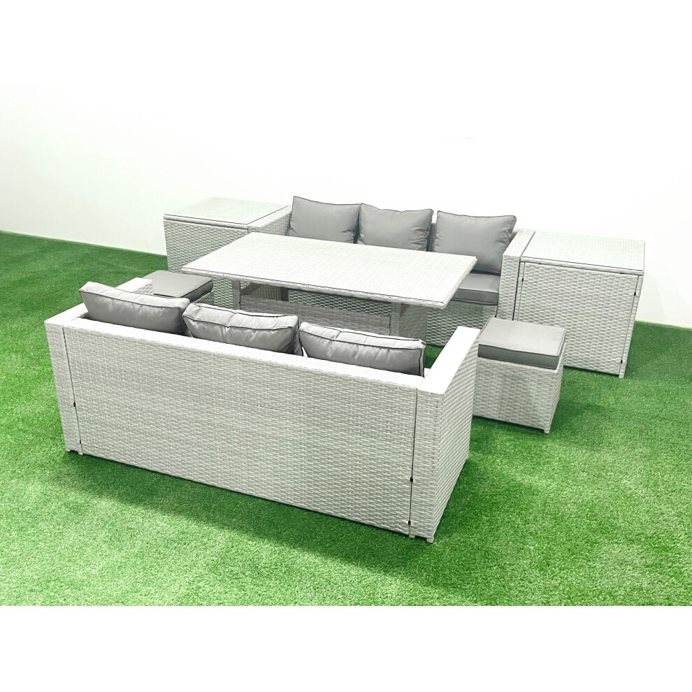 Fimous Rattan Garden Furniture Set 8 Seater Outdoor Sofa Set with Dining Table 2 Side Tables 2 Small Footstools Light Grey Mixed