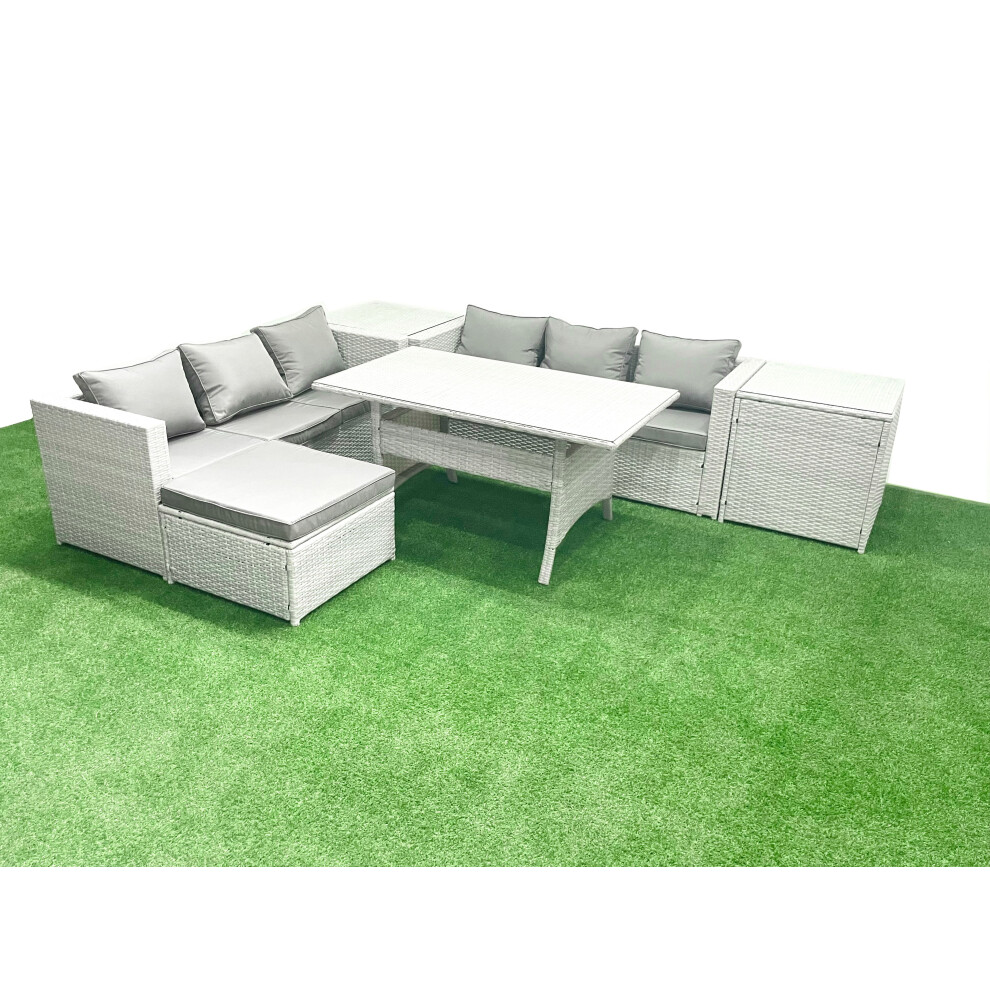 Fimous Rattan Garden Furniture Set 7 Seater Outdoor Sofa Set with Dining Table 2 Side Tables Big Footstool Light Grey Mixed