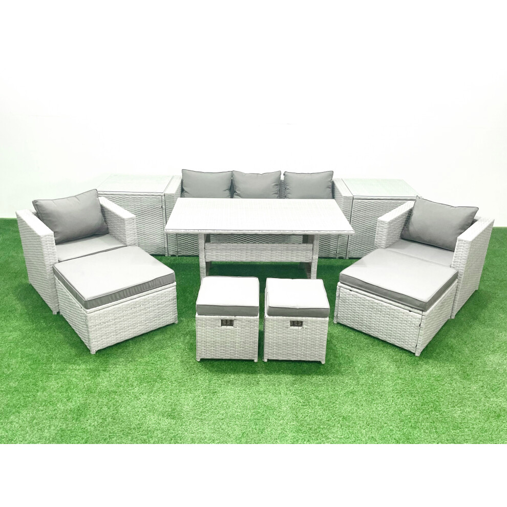 Fimous Rattan Garden Furniture Set Outdoor 9 Seater Patio Dining Sets with Glass Top Dining Table and 2 Side Tables Light Grey Mixed