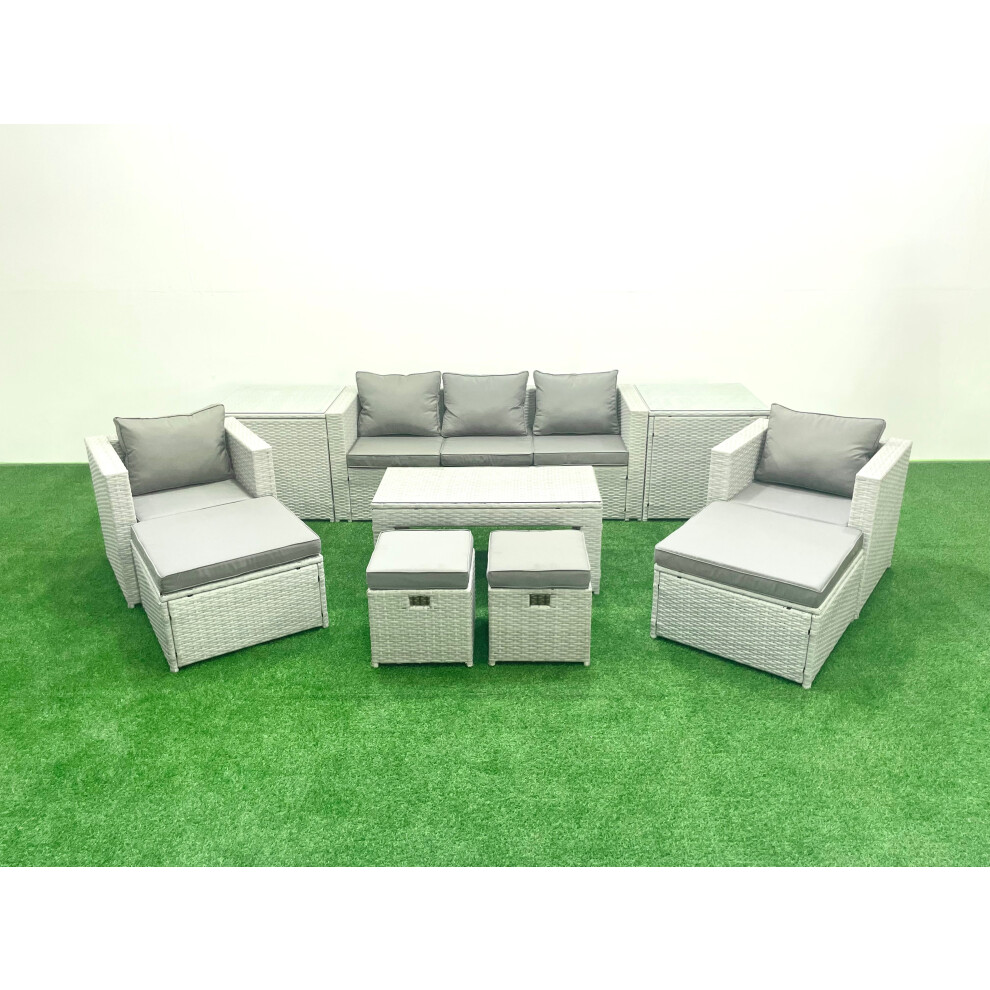 Fimous Rattan Garden Furniture Set Outdoor Lounger Sofa with Coffee Table 4 Footstools 2 Side Tables Light Grey Mixed 9 Seater