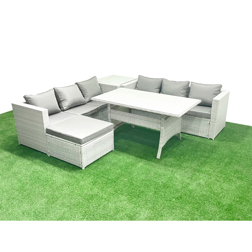 Fimous Rattan Garden Furniture Set 7 Seater Outdoor Sofa Set with Dining Table Side Table Big Footstool Light Grey Mixed