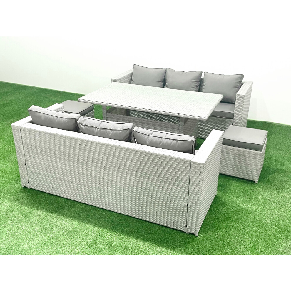 Fimous Rattan Garden Furniture Set 8 Seater Outdoor Sofa Set With Dining Table 2 Small Footstools Light Grey Mixed
