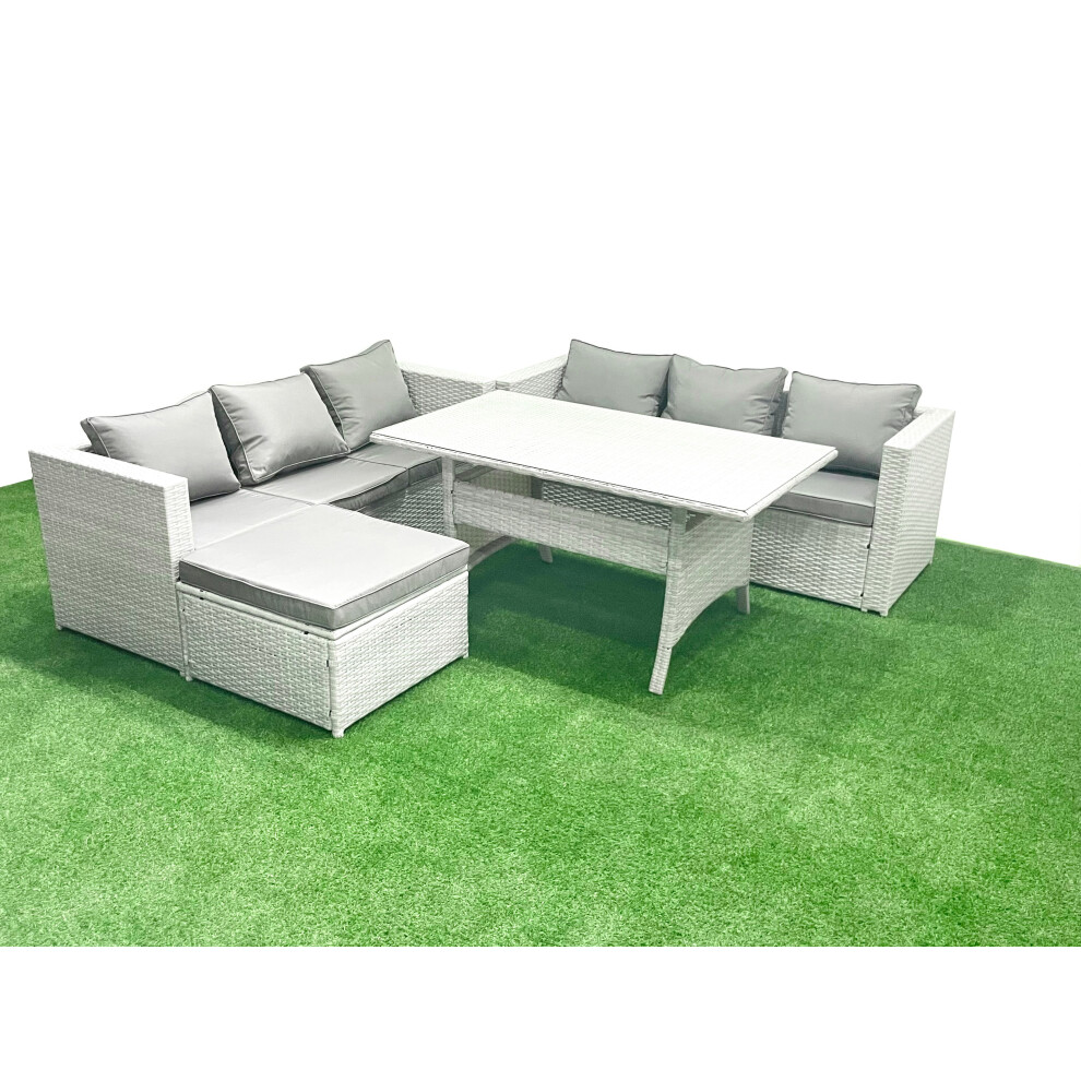 Fimous Rattan Garden Furniture Set 7 Seater Outdoor Sofa Set with Dining Table Big Footstool Light Grey Mixed