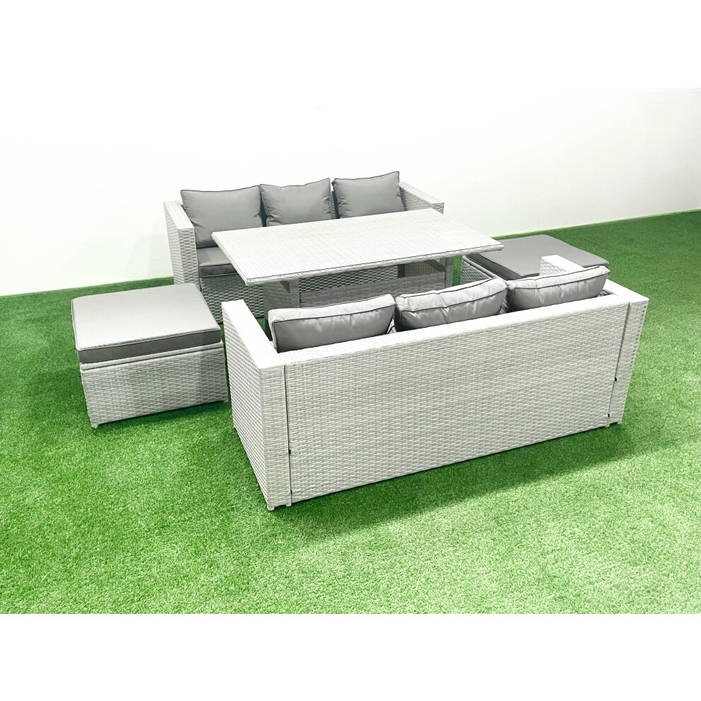 Fimous Rattan Garden Furniture Set 8 Seater Outdoor Sofa Set with Dining Table 2 Big Footstools Light Grey Mixed