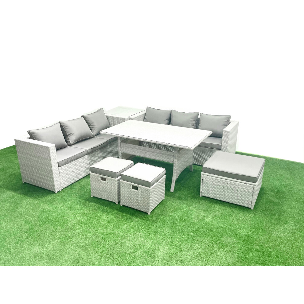 Fimous Rattan Garden Furniture Set 9 Seater Outdoor Sofa Set With Dining Table Side Table 3 Footstools Light Grey Mixed