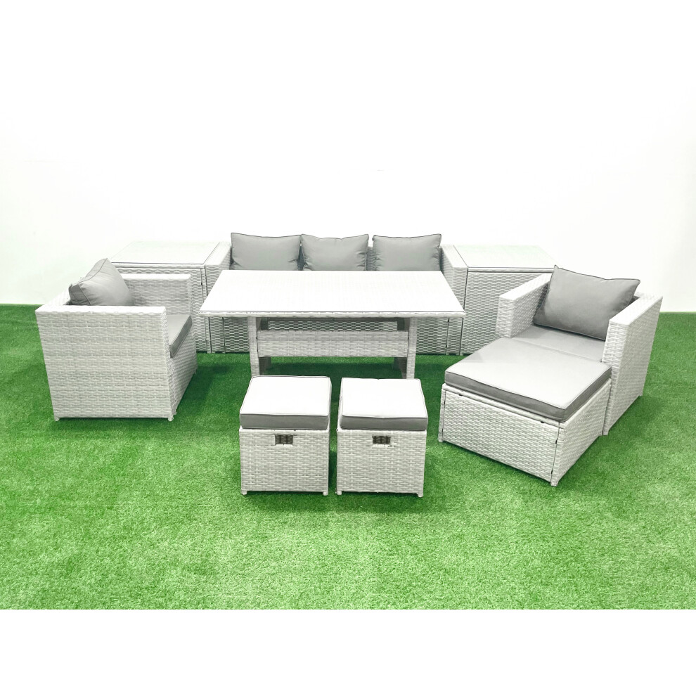 Fimous Garden Dining Set Outdoor Rattan Furniture Set With Sofa Dining Table 2 Chairs 3 Footstools 2 Side Tables Light Grey Mixed