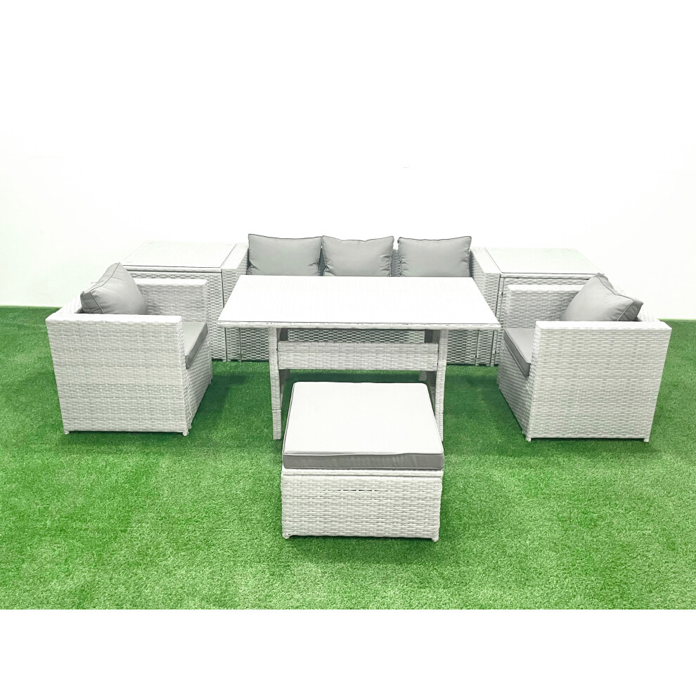 Fimous Garden Dining Set Outdoor Rattan Furniture Set with Sofa Dining Table 2 Chairs Big Footstool 2 Side Tables Light Grey Mixed