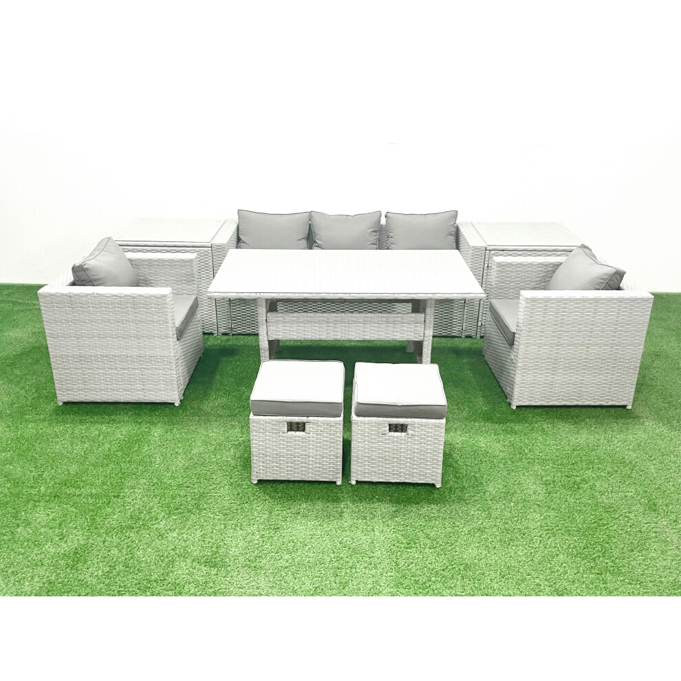 Fimous Garden Dining Set Outdoor Rattan Furniture Set with Sofa Dining Table 2 Chairs 2 Small Footstools 2 Side Tables Light Grey Mixed