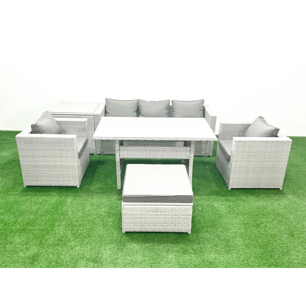 Fimous Garden Dining Set Outdoor Rattan Furniture Set with Sofa Dining Table 2 Chairs Big Footstool Side Table Light Grey Mixed