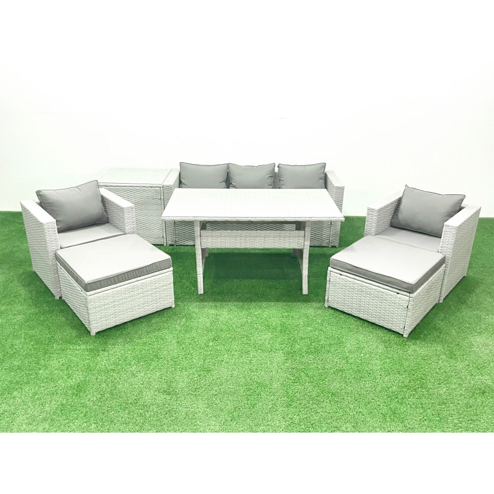 Fimous Garden Dining Set Outdoor Rattan Furniture Set with Sofa Dining Table 2 Chairs 2 Big Footstools Side Table Light Grey Mixed