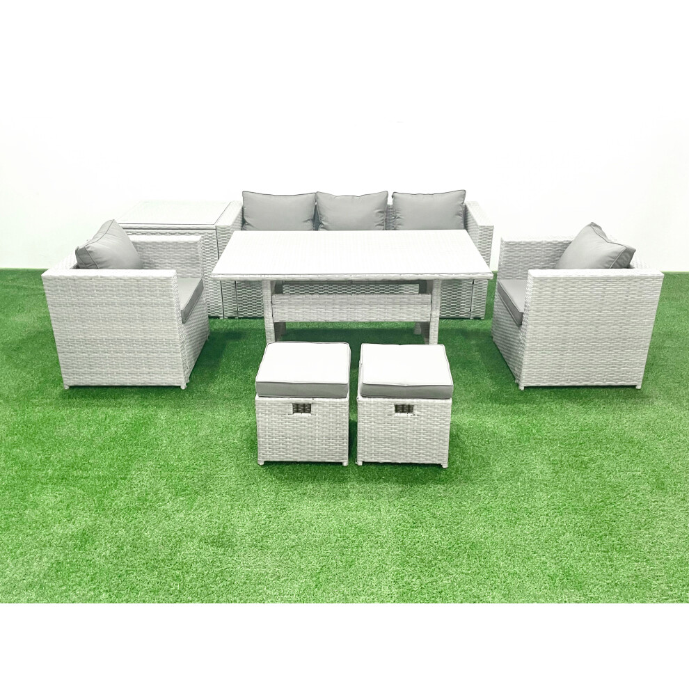 Fimous Garden Dining Set Outdoor Rattan Furniture Set with Sofa Dining Table 2 Chairs 2 Small Footstools Side Table Light Grey Mixed