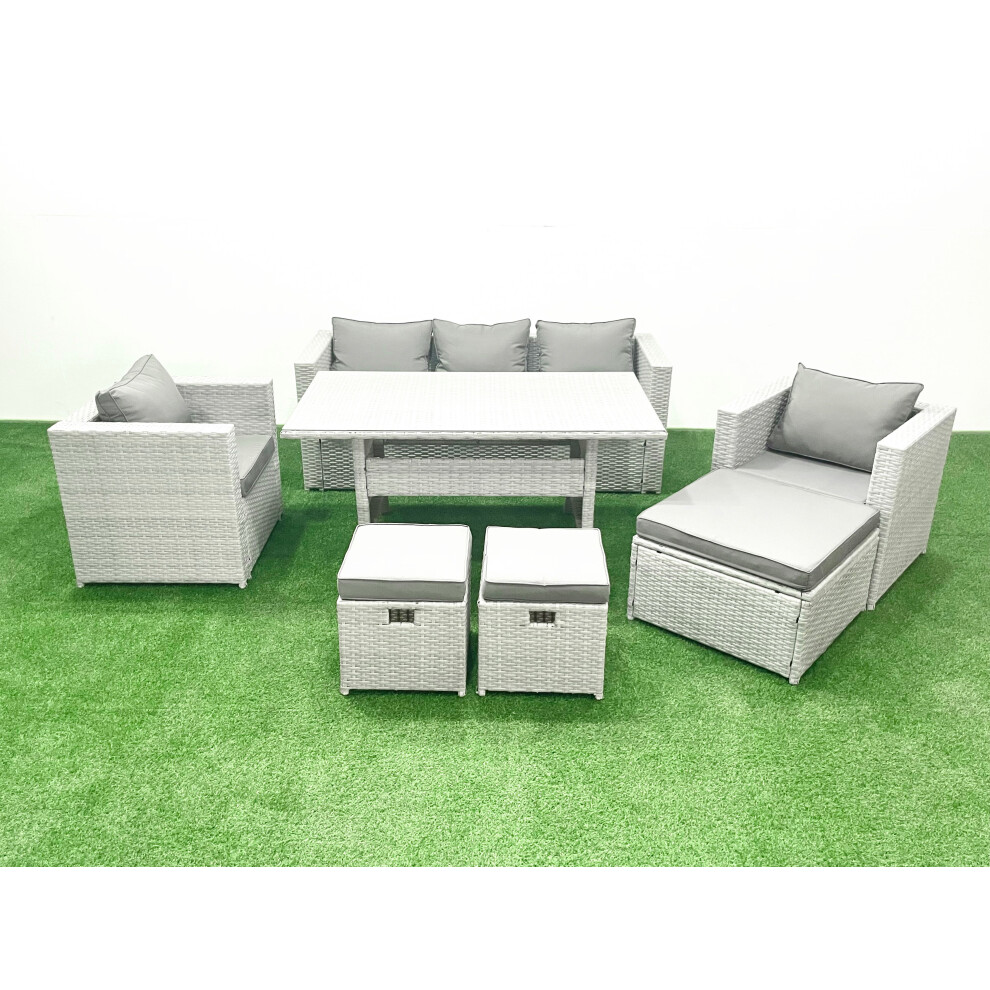 Fimous Garden Dining Set Outdoor Rattan Furniture Set with Sofa Dining Table 2 Chairs 3 Footstools Light Grey Mixed