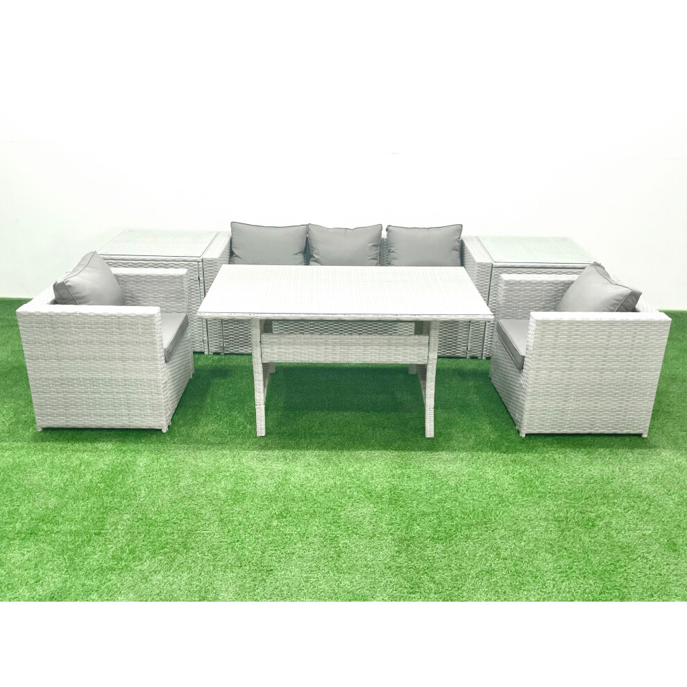 Fimous Garden Dining Set Outdoor Rattan Furniture Set with Sofa Dining Table 2 Chairs 2 Side Tables Light Grey Mixed