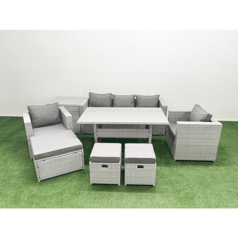 Fimous Garden Dining Set Outdoor Rattan Furniture Set with Sofa Dining Table 2 Chairs 3 Footstools Side Table Light Grey Mixed