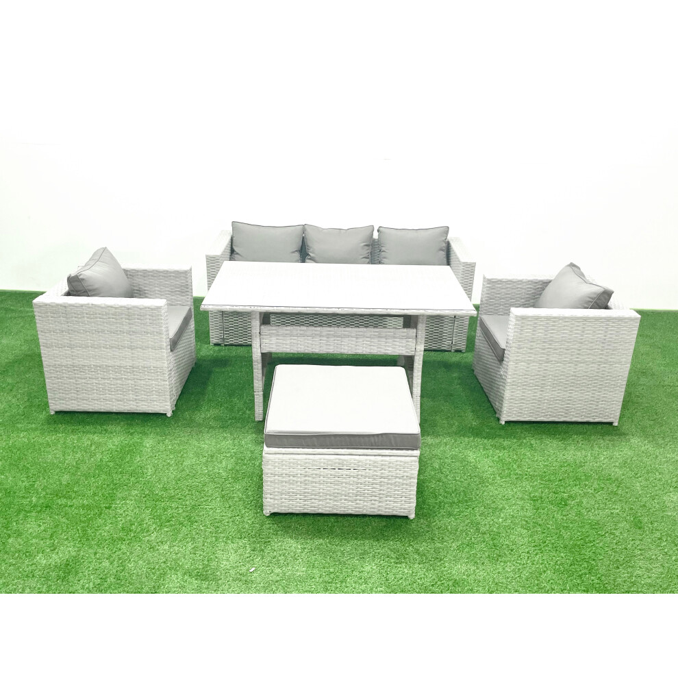 Fimous Garden Dining Set Outdoor Rattan Furniture Set with Sofa Dining Table 2 Chairs Big Footstool Light Grey Mixed