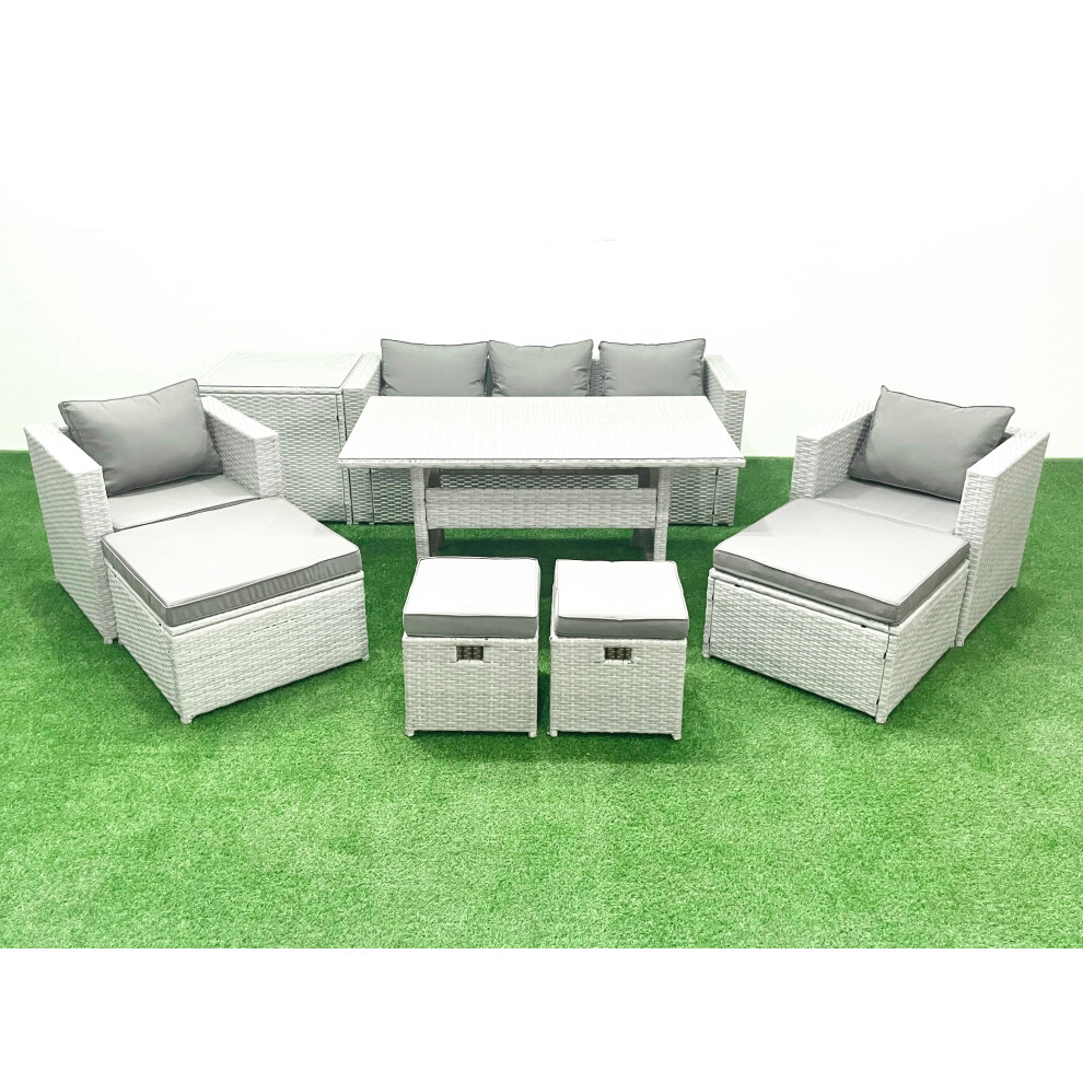 Fimous Rattan Garden Furniture Set Outdoor 9 Seater Patio Dining Sets with Glass Top Dining Table and Side Table Light Grey Mixed