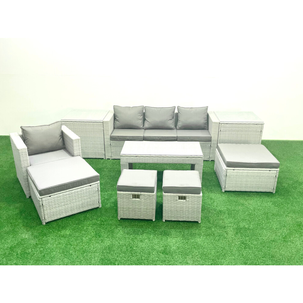 Fimous Rattan Garden Furniture Set Outdoor Lounger Sofa with Coffee Table 4 Footstools 2 Side Tables Light Grey Mixed