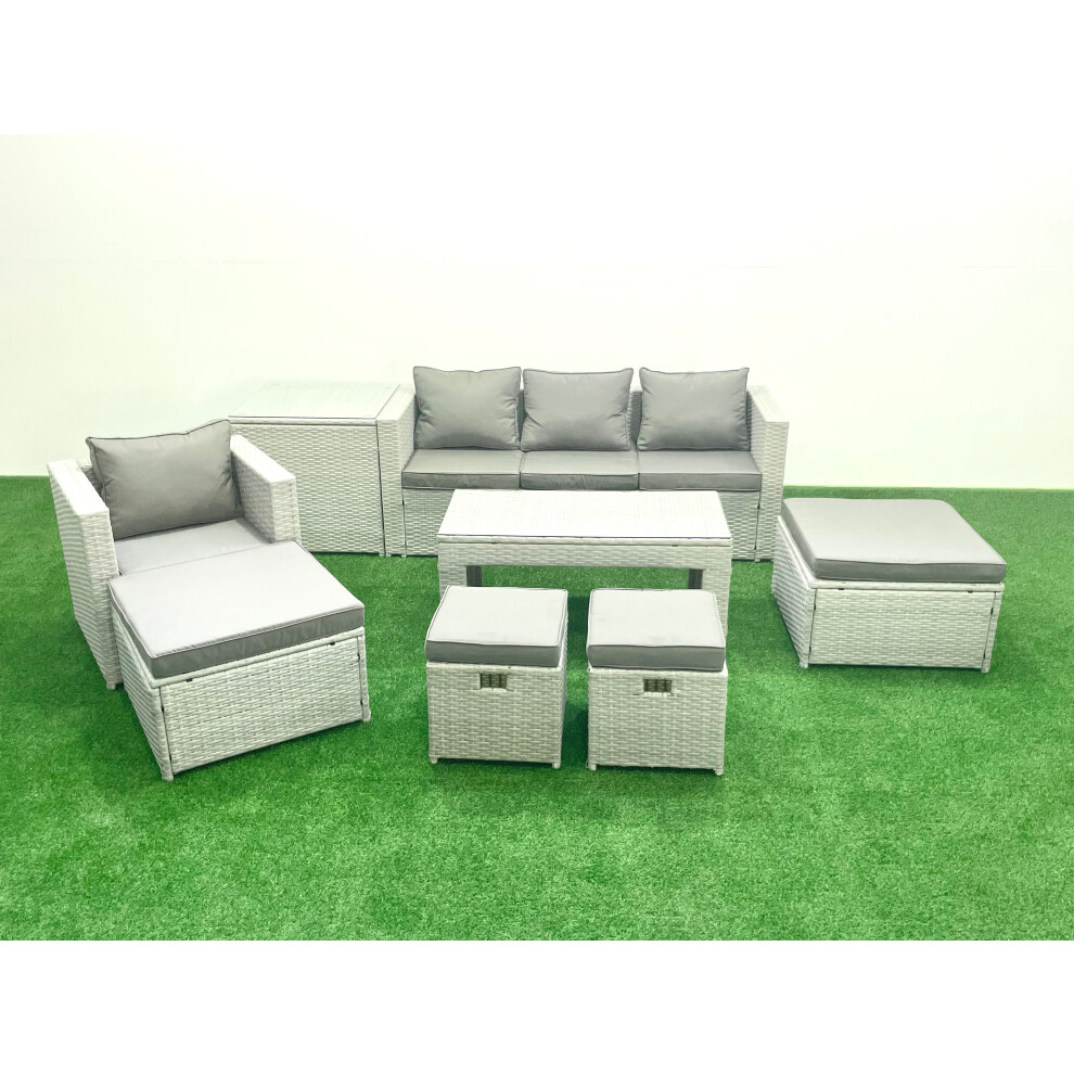 Fimous Rattan Garden Furniture Set Outdoor Lounger Sofa with Coffee Table 4 Footstools Side Table Light Grey Mixed 8 Seater