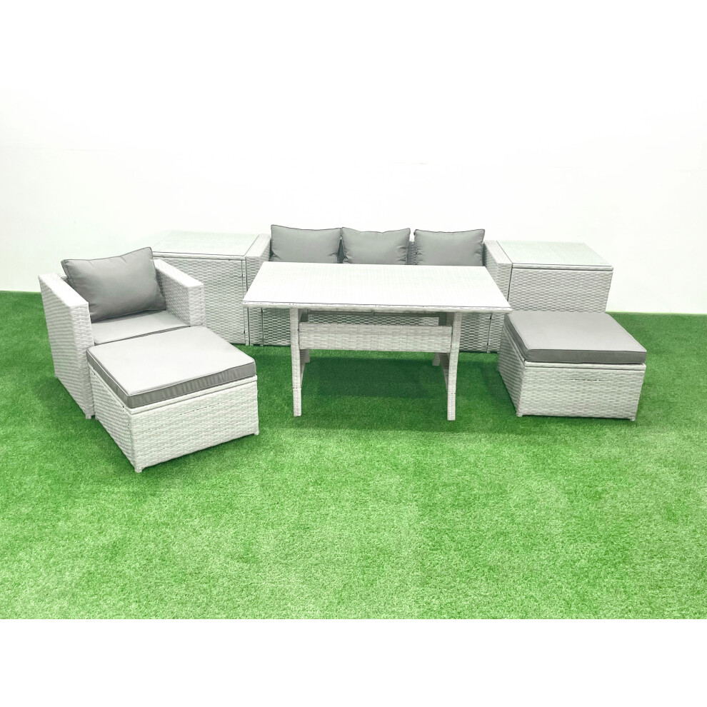 Fimous Rattan Garden Furniture Set Outdoor 6 Seater Patio Dining Sets with Glass Top Dining Table 2 Side Tables Light Grey Mixed