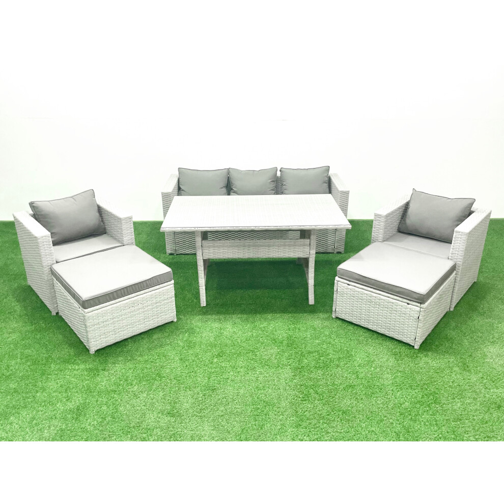 Fimous Garden Dining Set Outdoor Rattan Furniture Set with Sofa Dining Table 2 Chairs 2 Big Footstools Light Grey Mixed