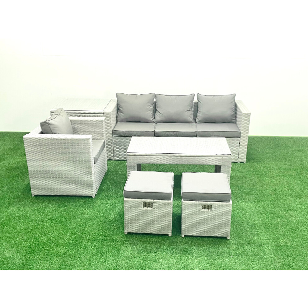 Fimous Rattan Garden Furniture Set Outdoor Lounger Sofa with Coffee Table 2 Small Footstools Light Grey Mixed 6 Seater