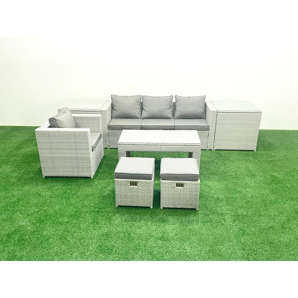 Fimous Rattan Garden Furniture Set Outdoor Lounger Sofa with Coffee Table 2 Small Footstools 2 Side Tables Light Grey Mixed