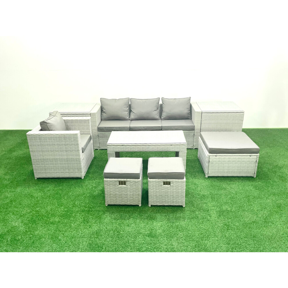 Fimous Rattan Garden Furniture Set Outdoor Lounger Sofa with Coffee Table 3 Footstools 2 Side Tables Light Grey Mixed 7 Seater