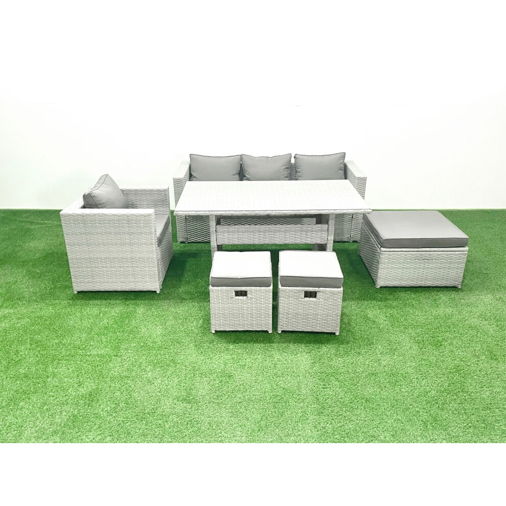 Fimous Garden Dining Set Outdoor Rattan Furniture Set with Sofa Dining Table 3 Footstools Light Grey Mixed