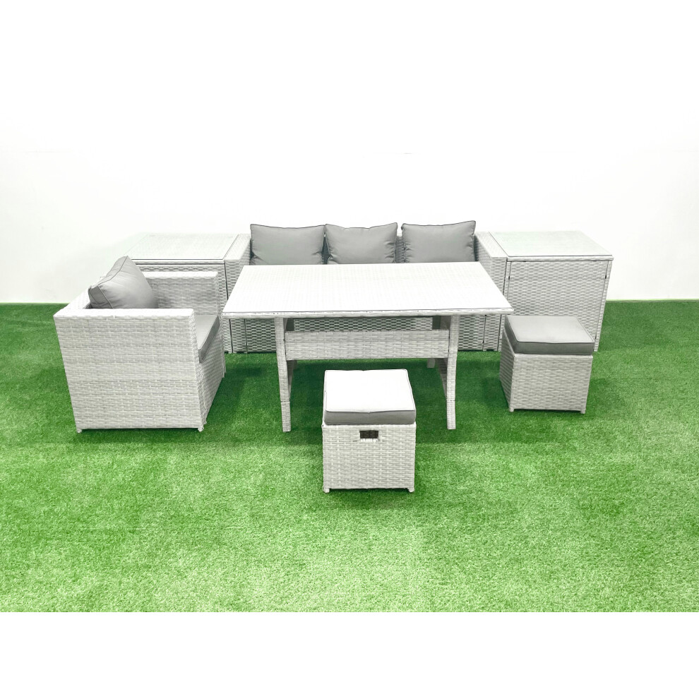 Rackhams Light/Grey Rattan Garden Furniture Dining Set 6 Seater Lounge Sofa Chair Dining Table Set With 2 Small Footstools 2 Side Tables Mixed - Image 2