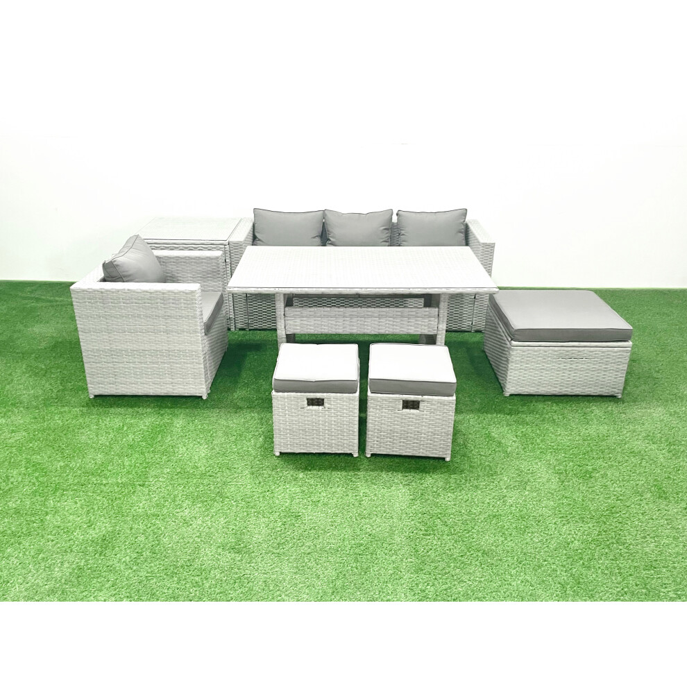 Fimous Rattan Garden Furniture Dining Set 7 Seater Lounge Sofa Chair Dining Table Set with 3 Footstools Side Table Light Grey Mixed