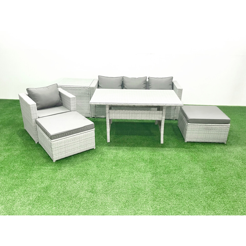 Fimous Rattan Garden Furniture Set Outdoor 6 Seater Patio Dining Sets With Glass Top Dining Table And Side Table Light Grey Mixed