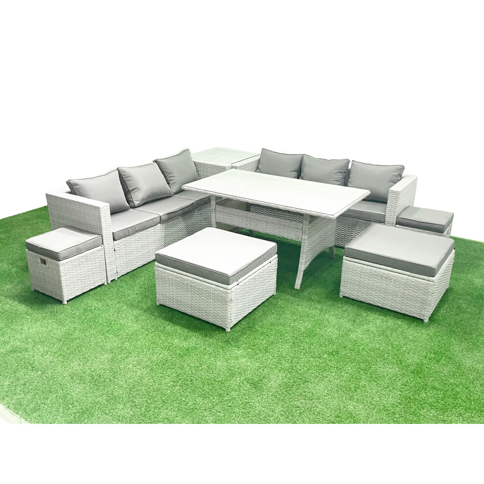 Fimous Rattan Garden Furniture Set Outdoor 10 Seater Patio Dining Sets with Glass Top Dining Table and Side Table Light Grey Mixed