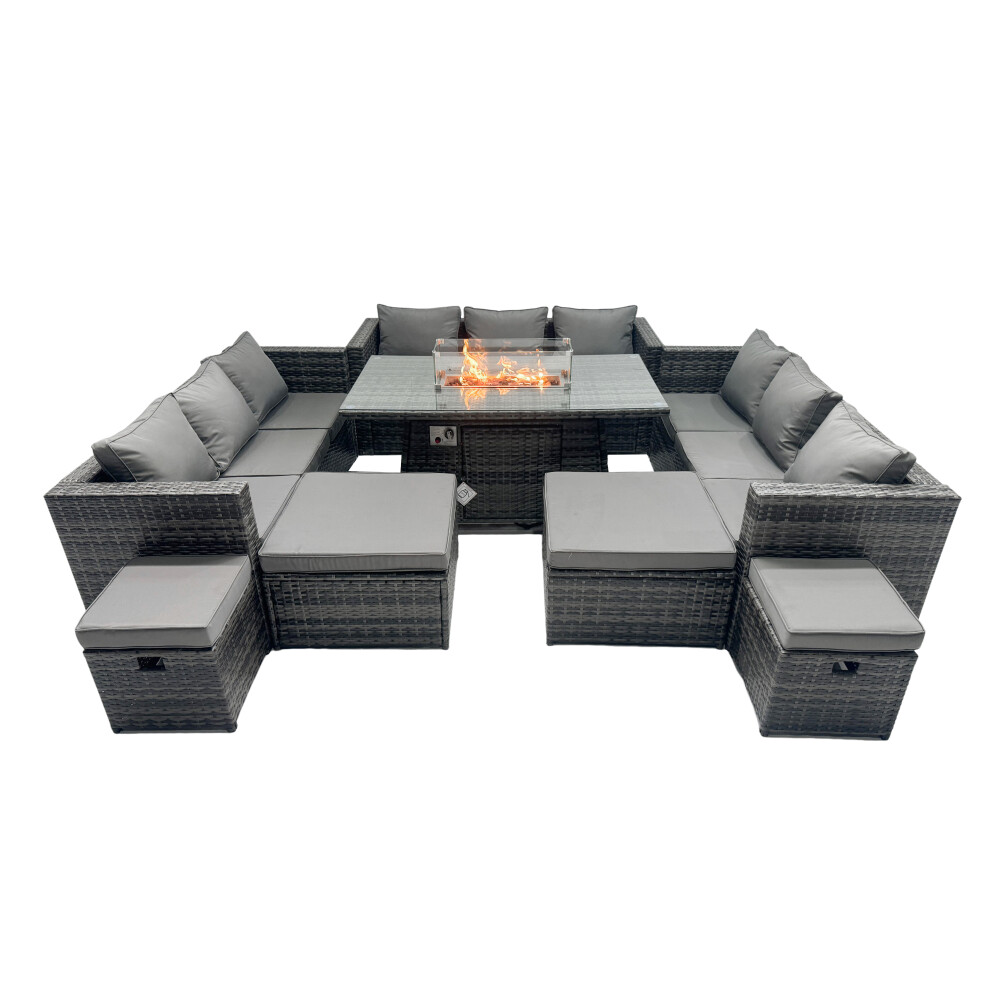 Fimous Rattan Garden Furniture Firepit Dining Set 13 Seater Lounge Sofa Table Set With 4 Footstools