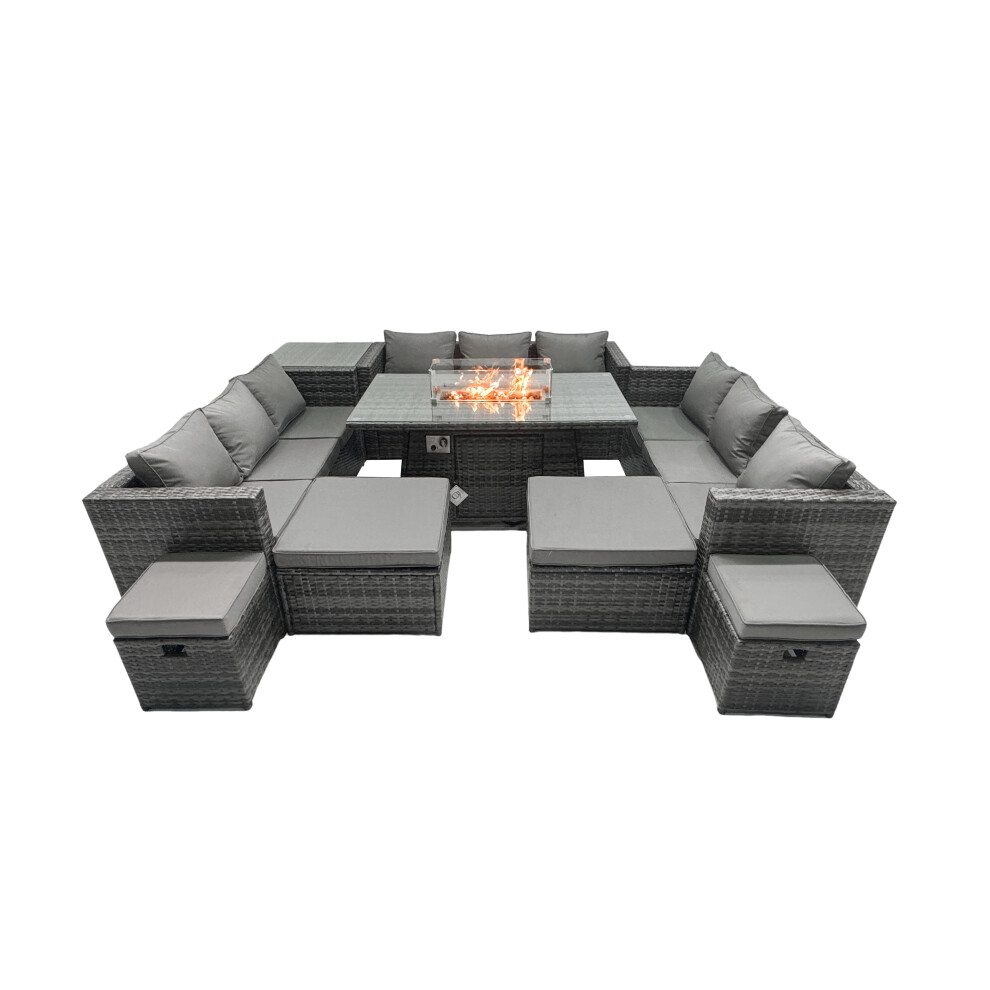 Fimous Rattan Garden Furniture Firepit Dining Set 13 Seater Lounge Sofa Firepit Dining Table Set with 4 Footstools Side Tables