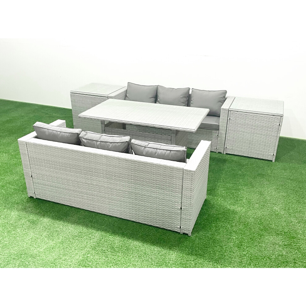 Fimous Rattan Garden Furniture Set 6 Seater Outdoor Sofa Set with Dining Table 2 Side Tables Light Grey Mixed