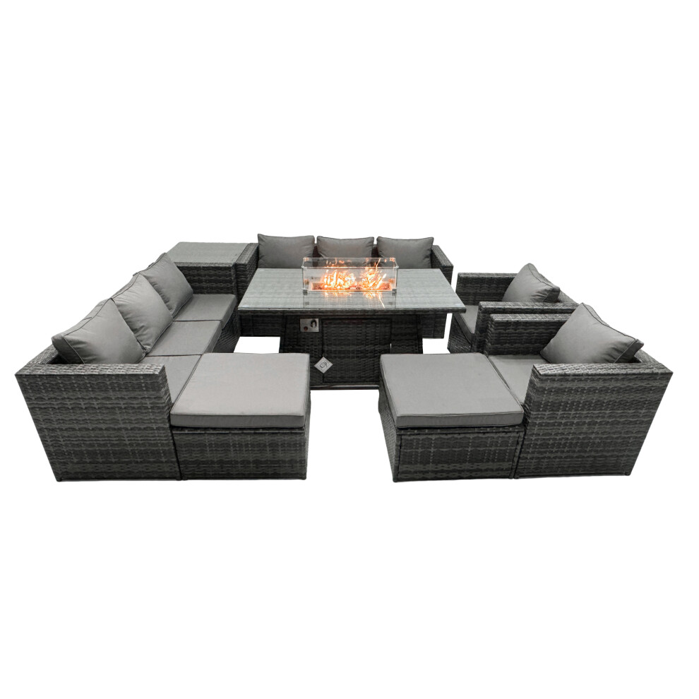 Fimous Rattan Garden Furniture Firepit Dining Set 10 Seater Lounge Sofa Table Set with side table 2 big Footstool