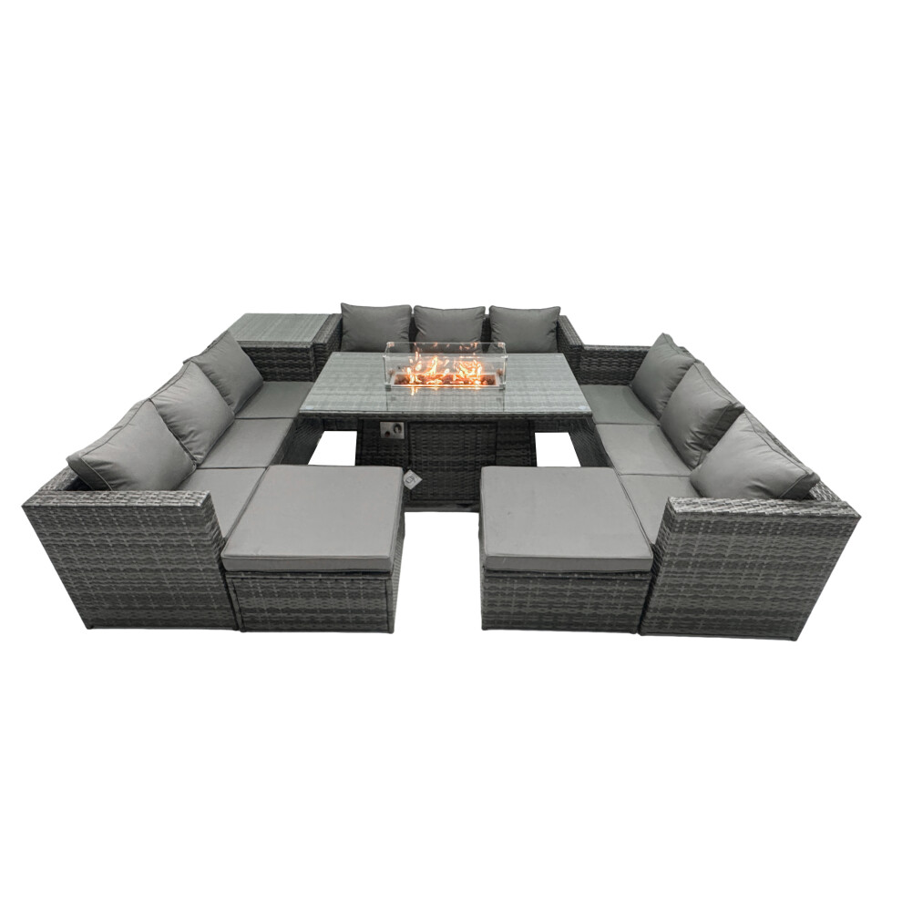 Fimous Rattan Garden Furniture Firepit Set Outdoor 10 Seater Patio Dining Sets with Glass Top Dining Table Side Tables