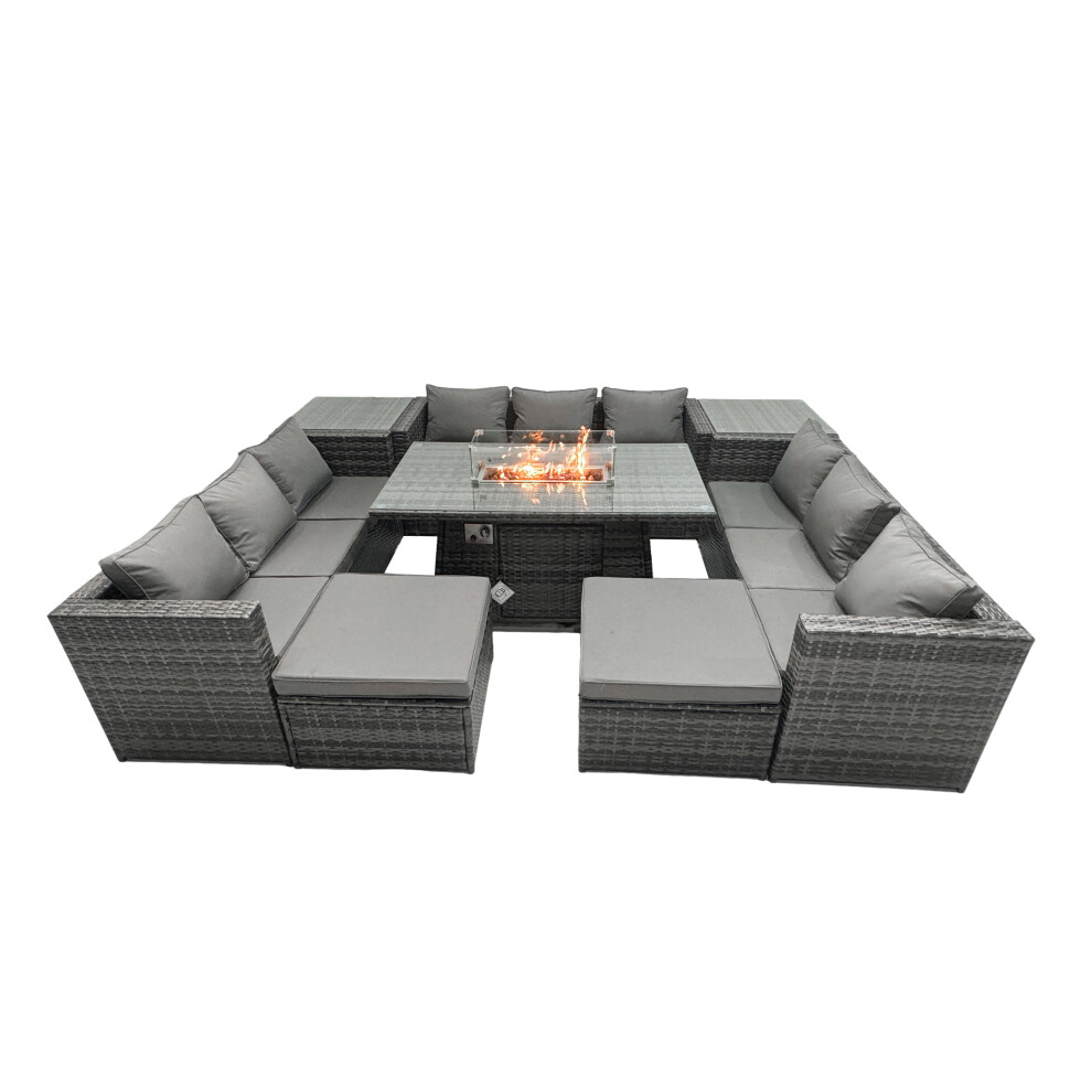 Fimous Rattan Garden Furniture Firepit Dining Set Outdoor 10 Seater Patio with Glass Top Dining Table 2 Side Tables