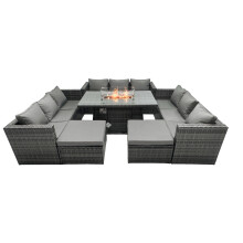 Fimous Rattan Garden Furniture Firepit Set Outdoor 11 Seater Patio Dining Sets with Glass Top Dining Table