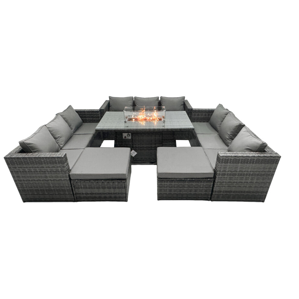 Fimous Rattan Garden Furniture Firepit Set Outdoor 11 Seater Patio Dining Sets with Glass Top Dining Table