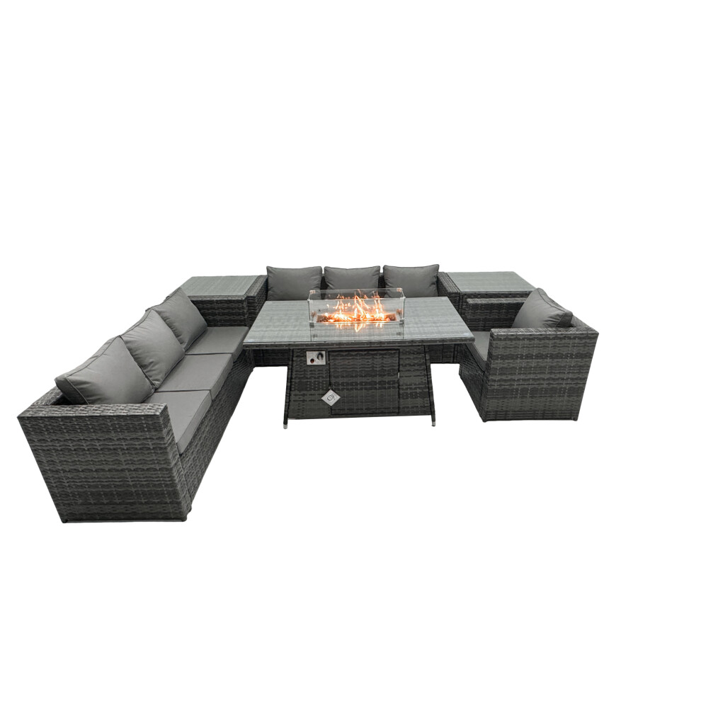 Fimous Rattan Garden Furniture Firepit Dining Set 7 Seater Lounge Sofa Table Set with 2 side table